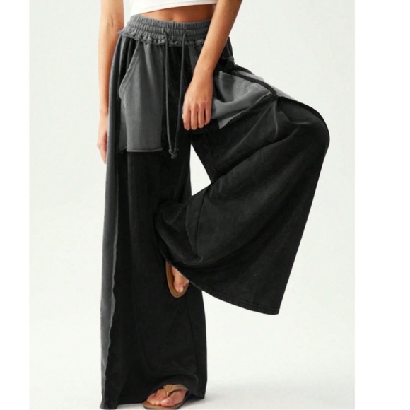 Solid Color Block Stretchy Waist Pockets Wide Leg Lounge Pants S M L XL